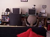 Our super nerdy computer station. My computer is on the right. My boyfriend's computer area is always so messy, although you can
